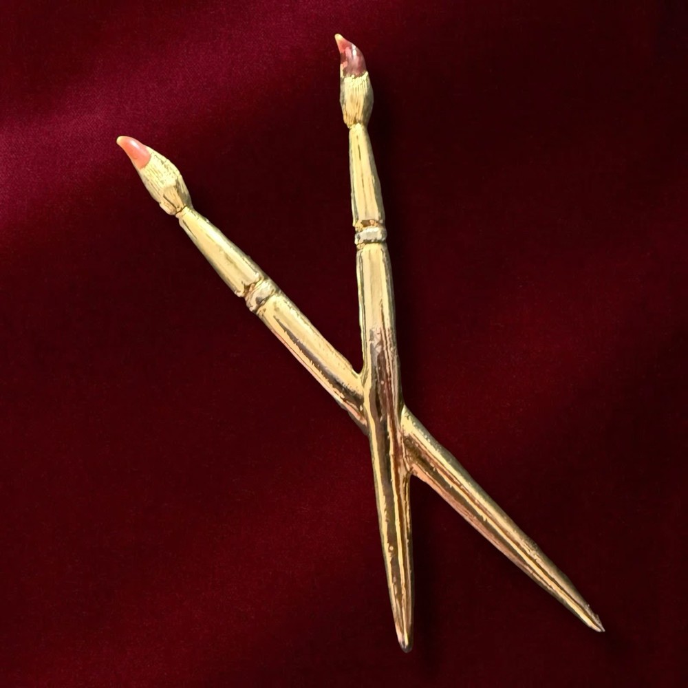 Figural Paint Brush Brooch Gold Tone Artist Pin Mid Century Vintage