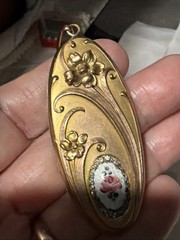 Antique 18g W&H 14k Gold Filled Huge Oval Locket Repousse Guilloche Rose Pendant