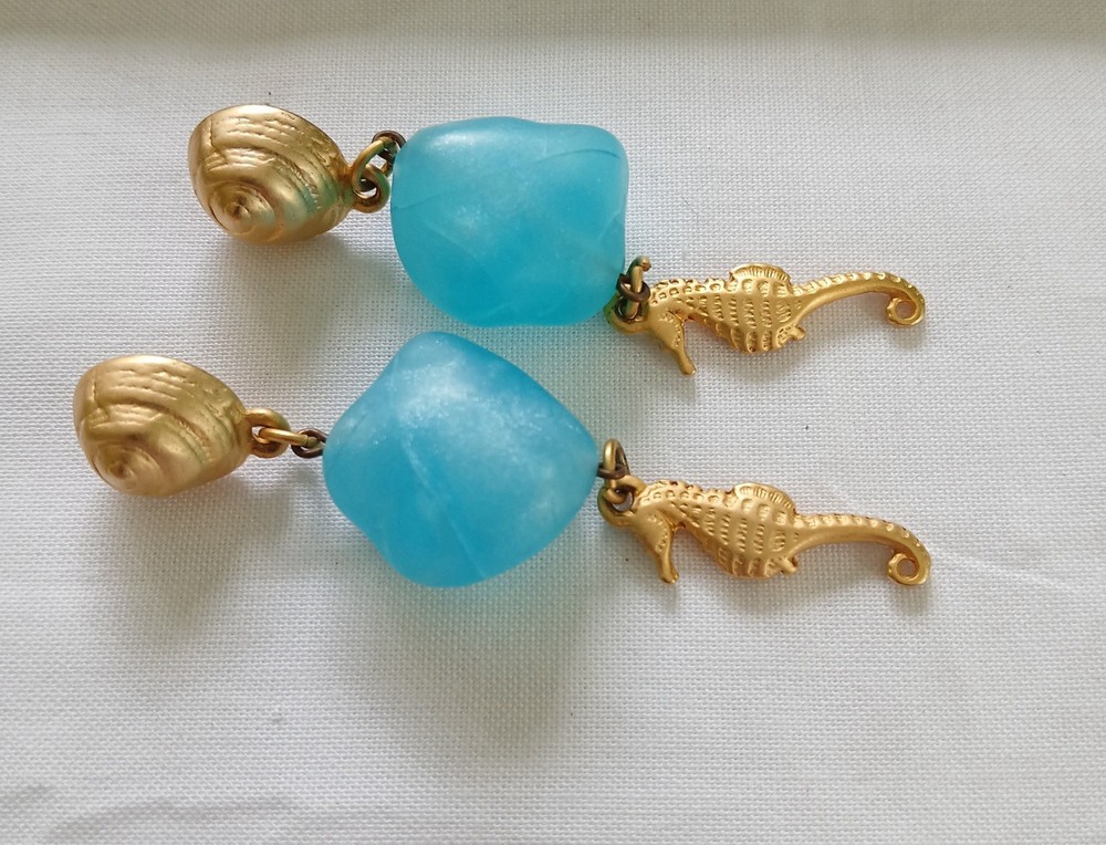 Vintage Gold Tone Seahorse Dangle Earrings Blue Sea Glass Bead Summer Jewelry