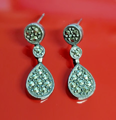 VTG 925 MC Teardrop Marcasite Earrings 1in Drop Sterling Silver 3gtw New Backs