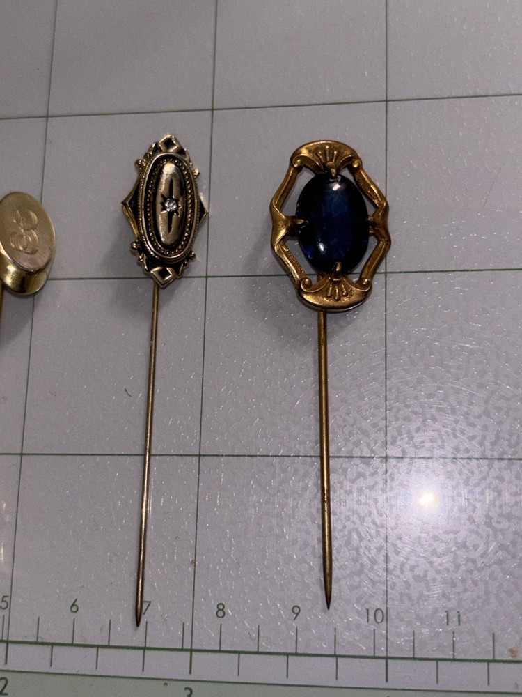 Vintage Stick Pin Lot Heart Scarab Monogram Hat Pins Lapel Pins Gold Tone