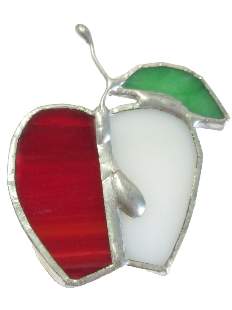 RED WHITE AND GREEN STAINED GLASS APPLE DETAILED PIN HANDCRAFTED VINTAGE