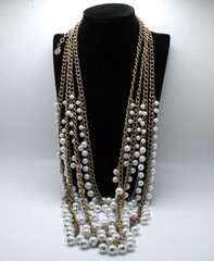 Vintage RJ Graziano 4-strand faux pearl and goldtone chain statement necklace