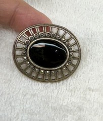 Vintage 925 Sterling Silver Ornade Style Black Onyx Marcasite Pin Brooch #110