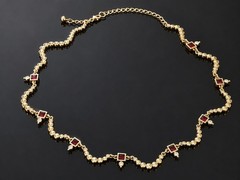 Gold Tone Red Crystal Necklace 18″ Rhinestone Station Necklace Vintage