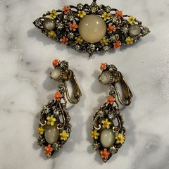 Vintage ART Arthur Pepper Enamel Floral Clip Earrings & Brooch Moonstone Glass