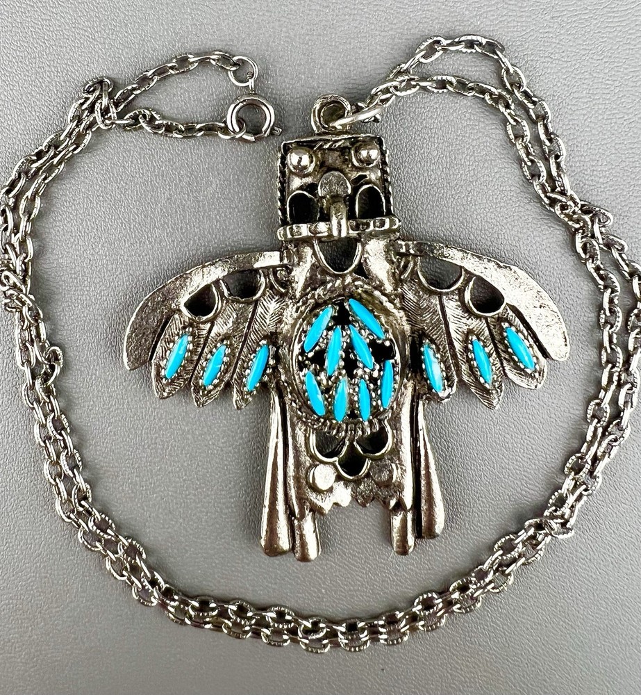 Vintage Thunderbird Eagle Necklace Southwestern Silver Tone Pendant 23”
