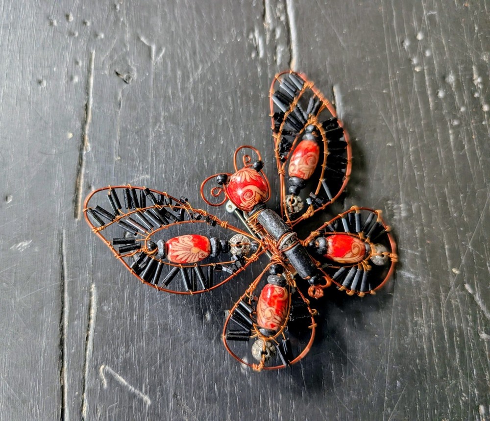 Vintage Artisan Wire-Wrapped Butterfly Brooch Colorful Costume Jewelry Boho Chic