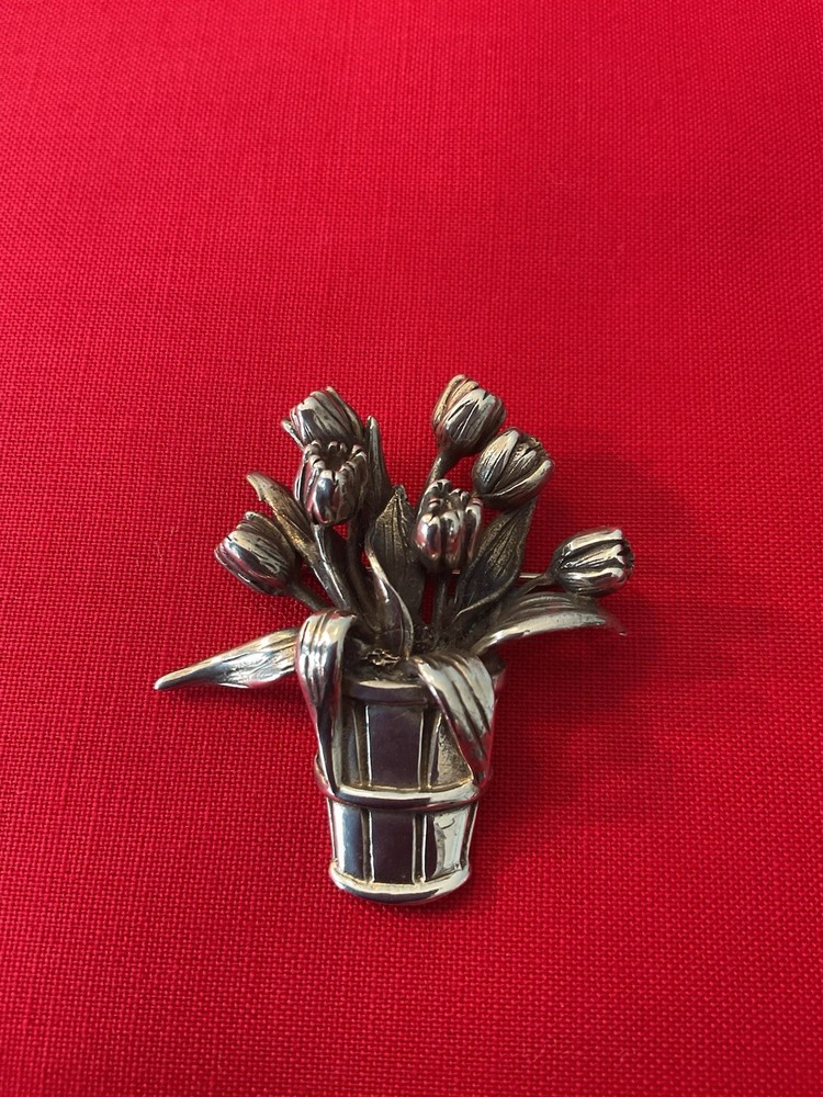 Sterling Silver Tulip Bouquet Basket Pin Brooch Vintage H&H 925 20.6g