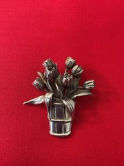 Sterling Silver Tulip Bouquet Basket Pin Brooch Vintage H&H 925 20.6g