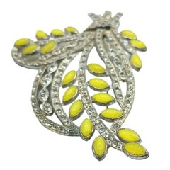 Rhinestone Brooch Floral Spray Yellow Clear Stones Flower Pin Pot Metal Vintage