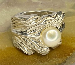 Vintage Large Sterling Silver 925 Leaf 9mm Cultured Pearl Statement Ring SZ 7.5