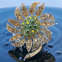 Vtg Sarah Coventry Mountain Flower Brooch Green AB Rhinestones Silver Tone 1968