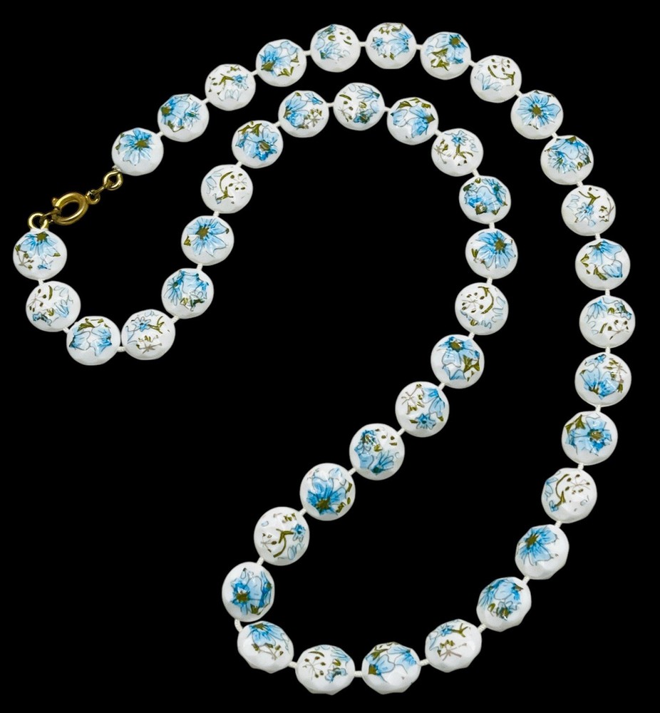 Vintage 1960’s Mid Century Blue Aqua & White Plastic Floral Beaded Necklace