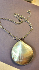South sea mother of pearl pendant on 16″ silvertone chain with extender by Ivana