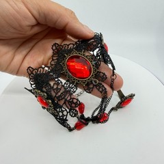 Gothic Red Crystal Lace Slave Bracelet Ring Set Victorian Dark Romantic Jewelry