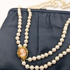 Vintage ERWIN PEARL Double Strand Glass Pearl Necklace Cameo Clasp Opera 23″