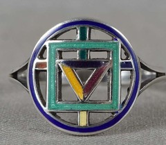 Vintage sterling silver & enamel RING ALCHEMY SYMBOLS Size 8.5