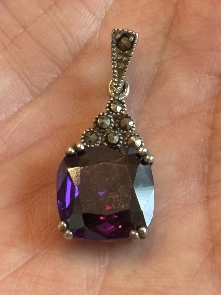 Sterling Silver Dark Purple Faux Amethyst Art Deco Style Pendant Marcasite 925