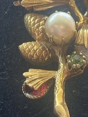 French Designer mid century Art Nouveau gemstone Pinecone Branch Gold tone Pin