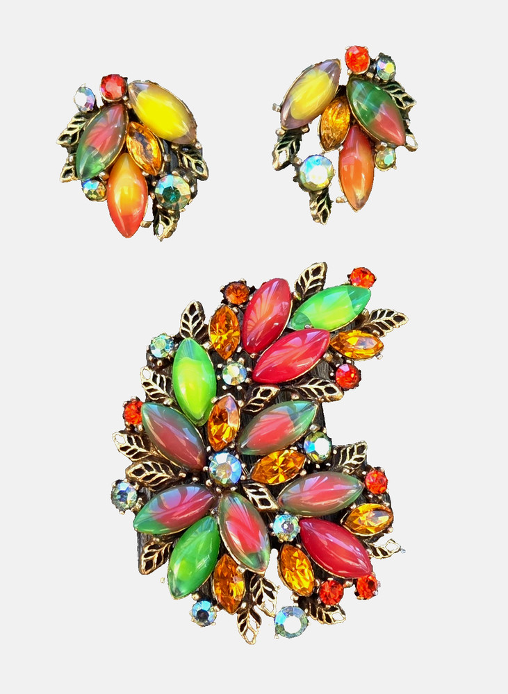ARTHUR PEPPER MULTICOLOR CABACHON RHINESTONE STATEMENT BROOCH EARRINGS SET