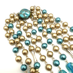 Vintage Japan Multi Strand Beaded Choker Necklace Blue Gold Mid Century 16″