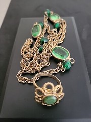 Vntg Bezel Set Green Lucite Necklace & Uncas Mfg Co Adjustable Green Stone Ring