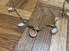 Vintage Italian Shell Cameo Opera Necklace 23” Gold Filled Chain 9 Medallions