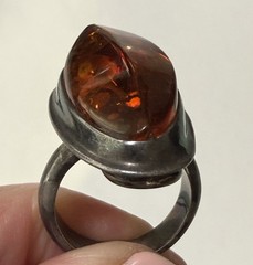 Bold Vintage Modernist Sterling Silver Unique Sculptural Cognac Amber Ring Sz 7