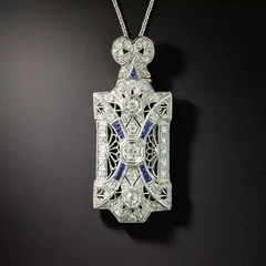 Art Deco Style Lab Created Diamond & Sapphire 14K White Gold FN Wedding Pendant
