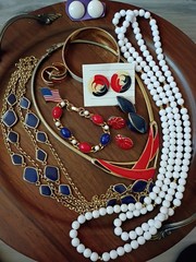 Patriotic VTG Grandmas Jewelry Lot Enamel Red White Blue Necklace-Brclts-Earrngs