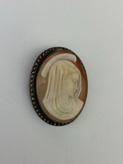Antique Madonna Cameo Pendant Brooch 900 Silver Marcasite Shell Portrait Signed