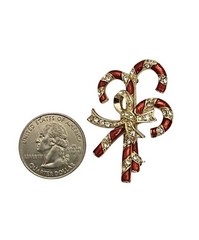 Monet Red Enamel Clear Rhinestone Candy Canes Bow Brooch Pin Signed, L836