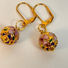 Vintage Cloisonne Dangle Earrings Gold Floral Enamel Glass Bead Boho Chic