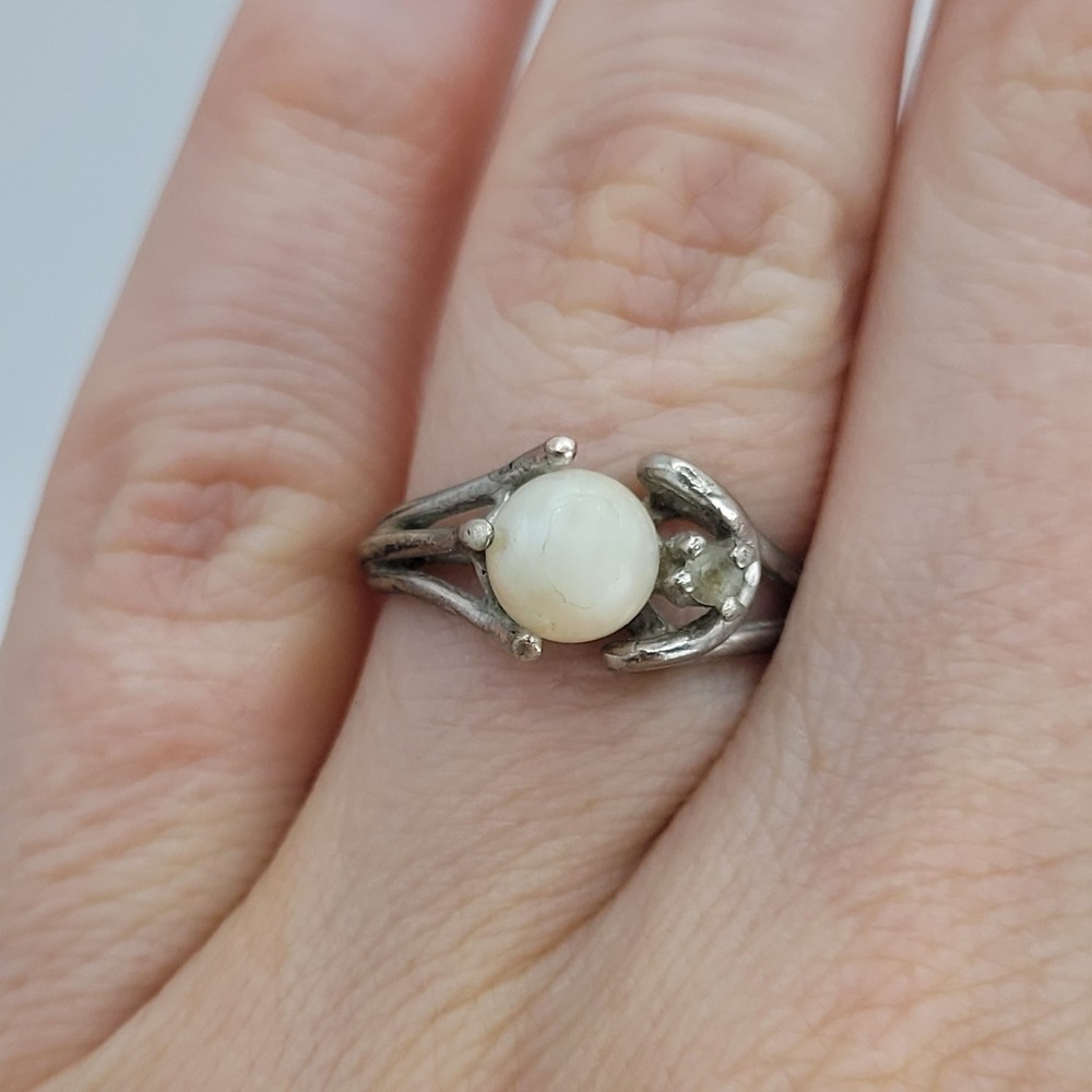 Vintage 925 Sterling Silver Sculptural Organic Pearl Diamond CZ Ring Size 5.25