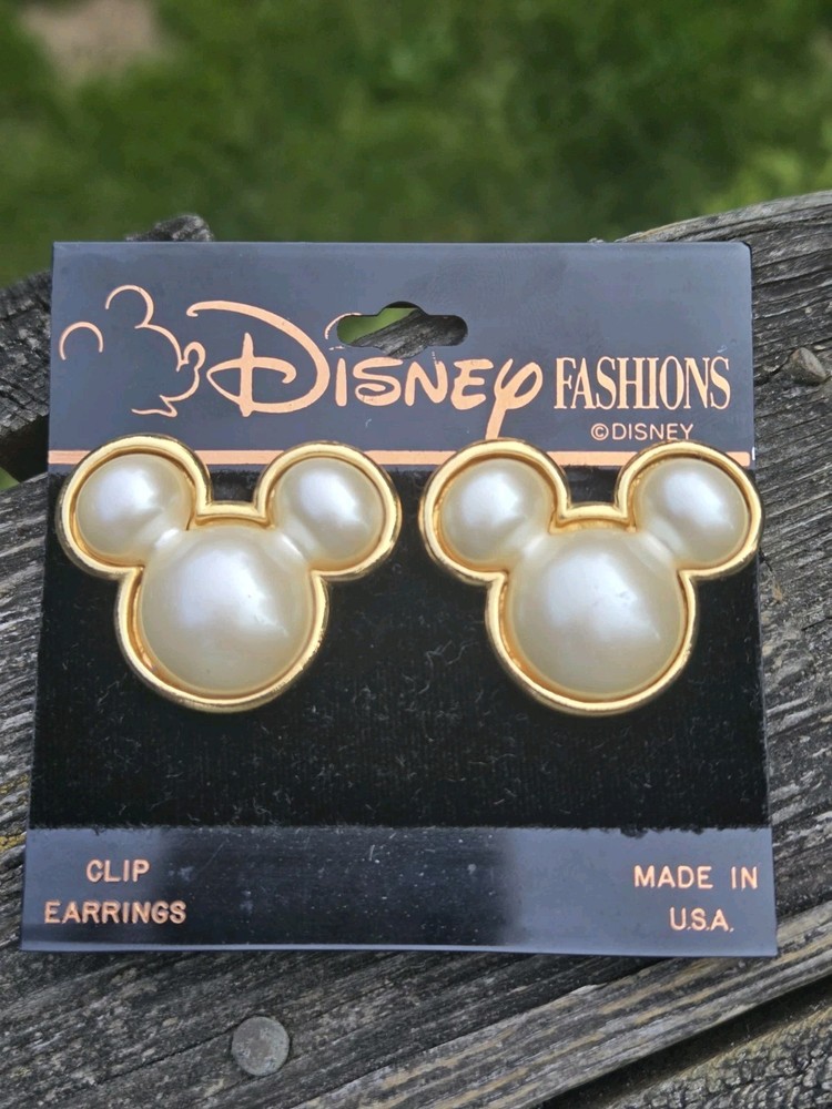 Vintage Pearl Mickey Ear Earrings Clip On Gold Tone Retired Disney Fashions