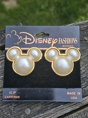 Vintage Pearl Mickey Ear Earrings Clip On Gold Tone Retired Disney Fashions