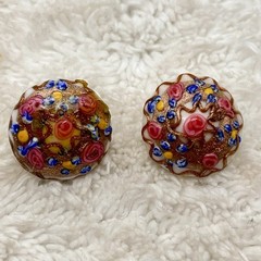 Vintage Lampwork Glass Earrings Multicolor Flower Clip Ons .75″ READ