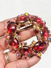 Vtg JULIANA Pink Cabochon Glass Rhinestones Earrings Flower Brooch Pin Set As Is