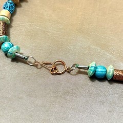 Boho Turquoise Beaded Necklace, Blue & Brown in Wood, Stone, Nut, & Metal – 25″