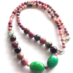 184.50ct 100% NATURAL FANCY ROUND TOURMALINE,EMERALD 925 SILVER CLASP NECKLACE.