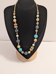 Designed By Paula Vintage Green & Gold Acrylic Bead Textured Necklace 20″. BOHO