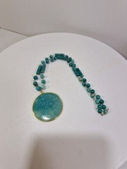 Vintage Polished Blue Stone Pendant Beaded Necklace 26″ in, Carved Sun, *111t