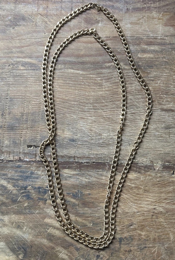Monet Flapper Length Necklace Gold Tone Textured Rope Chain 54” Signed Vintage