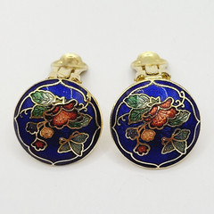 Cloisonné Small Butterfly & Flowers Round Blue Enamel Gold Tone Clip On Earrings