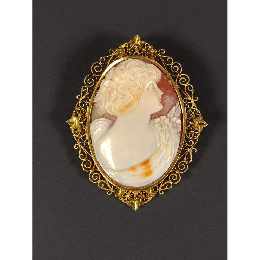 Antique 14K Gold Filigree Cameo Convertible Brooch/Pendant c. 1920s (2.5″ x 2″)