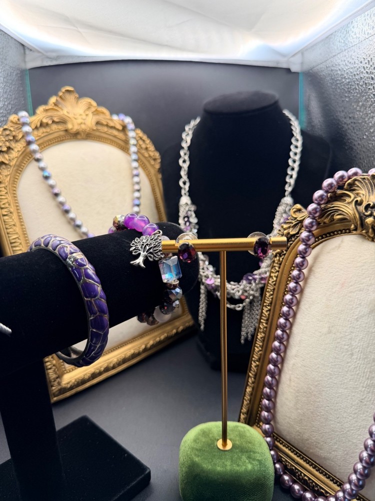 Vintage Purple Jewelry Lot Faux Pearls Bangle Necklace Bracelets Earrings 7 Pc