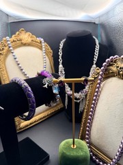Vintage Purple Jewelry Lot Faux Pearls Bangle Necklace Bracelets Earrings 7 Pc