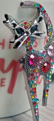 Silver Tone Multi Colored Rhinestone Cat Brooch