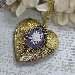 Gold Heart Locket Photo Birthday Anniversary Wedding Purple Rose Cameo Necklace